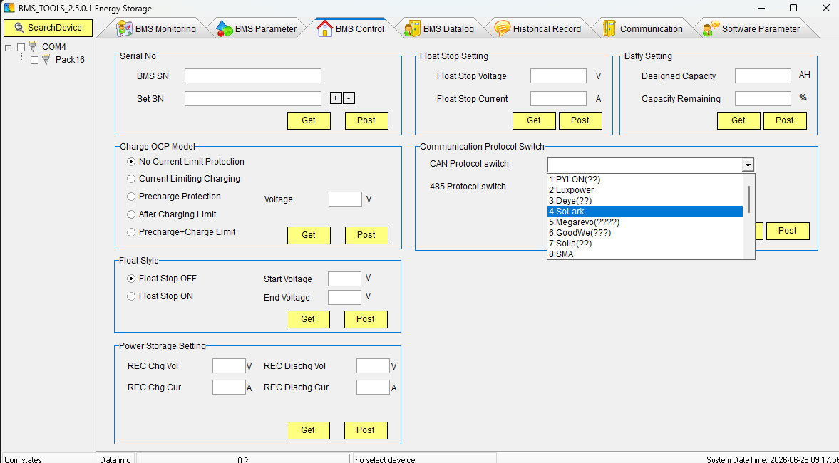 BMS Control — choose the CAN protocol for your inverter, then click Post