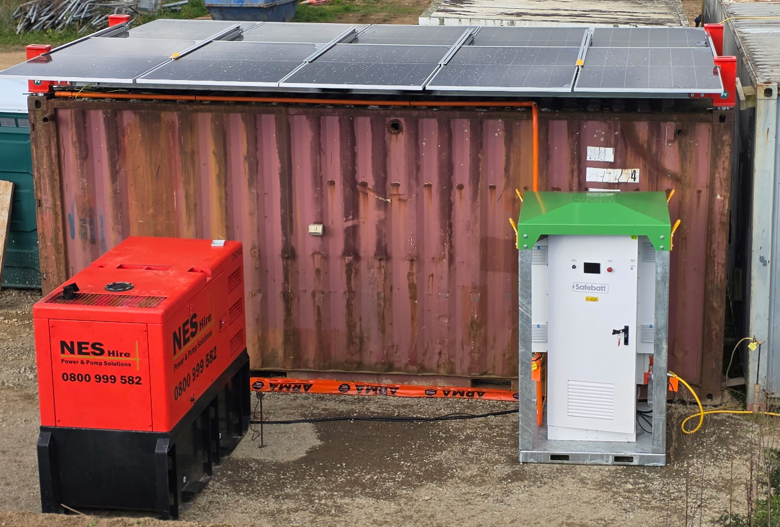 SafeBatt Mobile BESS with container-roof solar and a NES Hire diesel generator on a New Zealand construction site