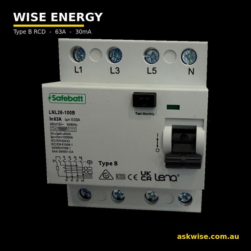 [LNL26-100B] Type B RCD 63A 30mA 4-Pole — EV Charger, SAA Approved